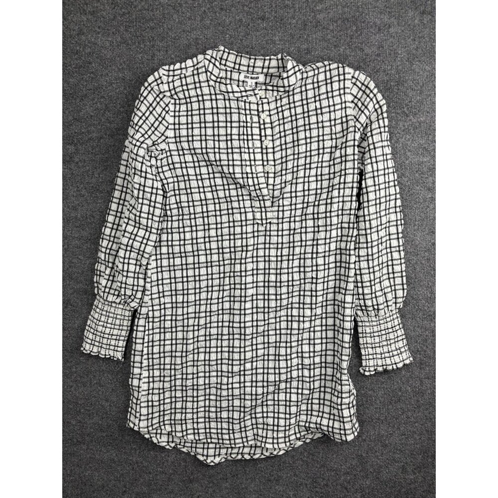 Steve Madden Blouse Womens Small White Check‎ Henley Tunic Long Sleeve Top
